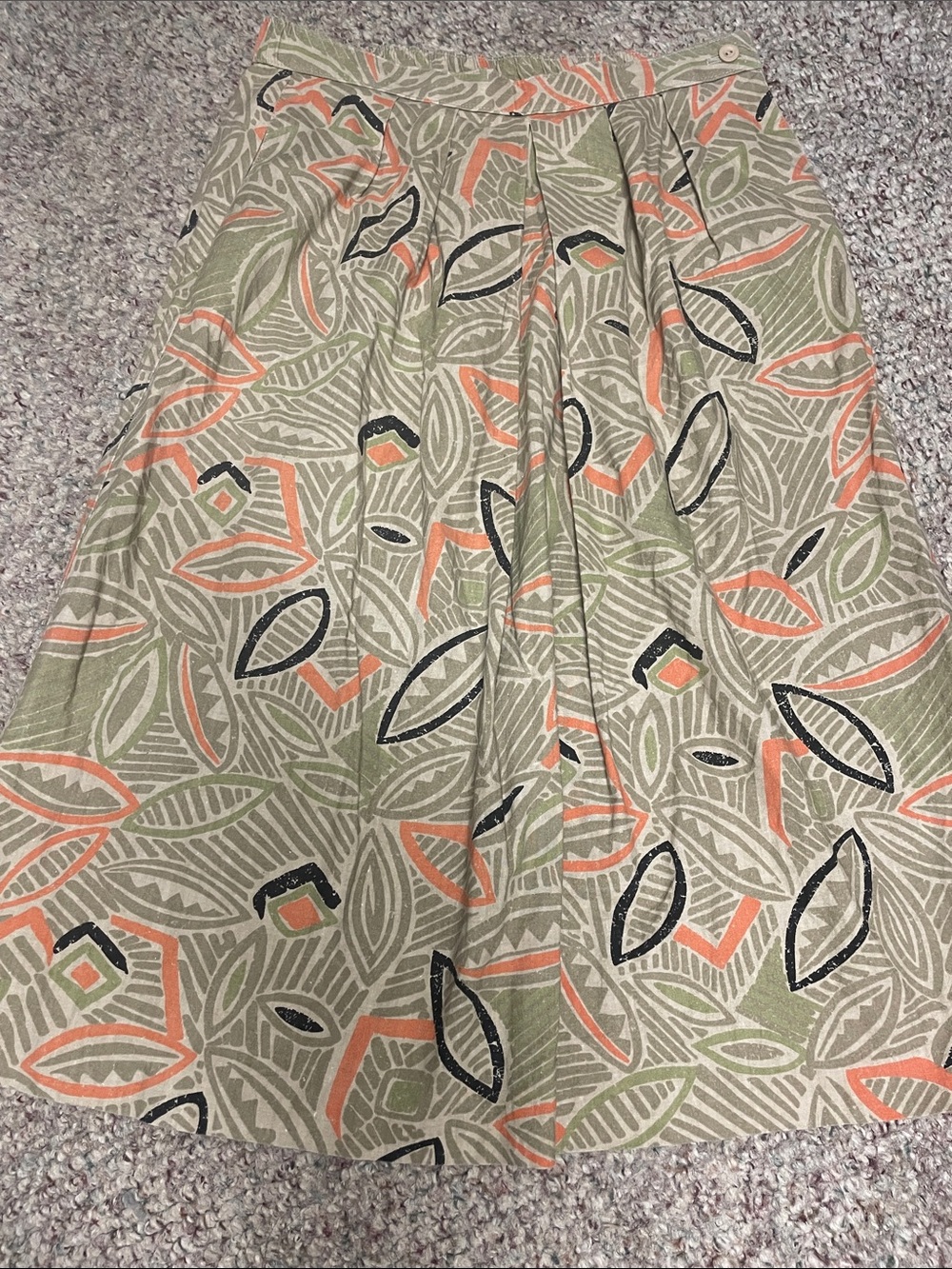 Vintage 80s Printed A-Line Midi Skirt in Olive & Coral- adorable